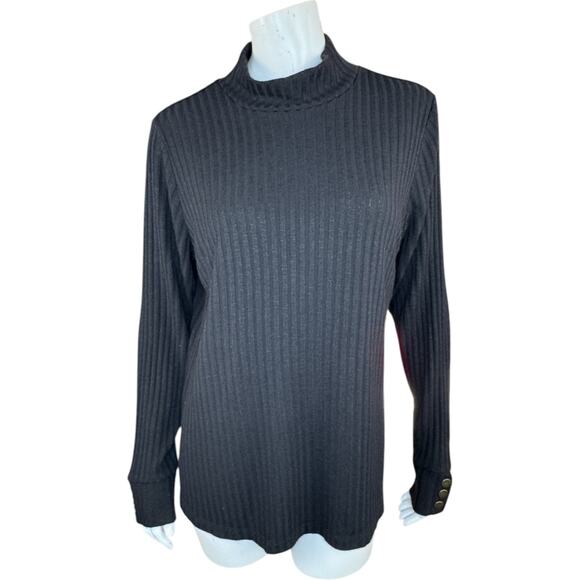 Susan Graver Rib Knit Mock Neck Long Sleeve Top with Button Detail Black Large - Picture 1 of 11